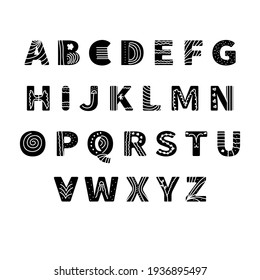 Black and white Latin alphabet in the Scandinavian style. Isolated letters.