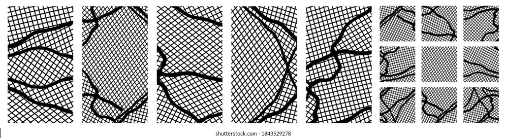 Black and white lattice cover template set for social media posts. Vector monochrome backgrounds perfect for poster, Instagram stories, web banner, overlay. 