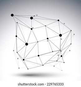 Black and white lattice distorted 3D object with lines and dots isolated on white background.
