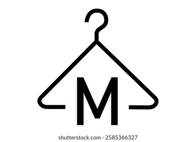 Black and white laundry care symbol featuring a hanger with the letter M, indicating medium heat washing or specific garment care instructions. 