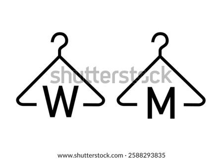 Black and white laundry care symbols featuring hangers with letters W and M, indicating warm and medium heat washing instructions.	
