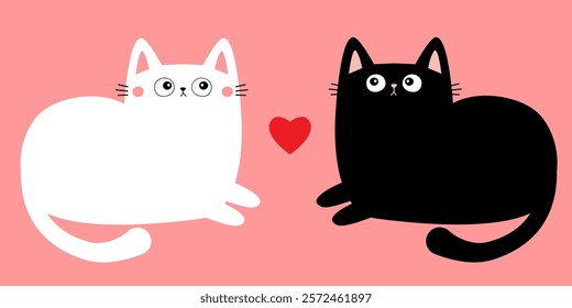 Black White laying cat boy girl. Cute sad face head. Kitten love couple. Red heart set. Happy Valentines Day. Cartoon kitty character. Kawaii animal. Love card. Flat design. Pink background. Vector