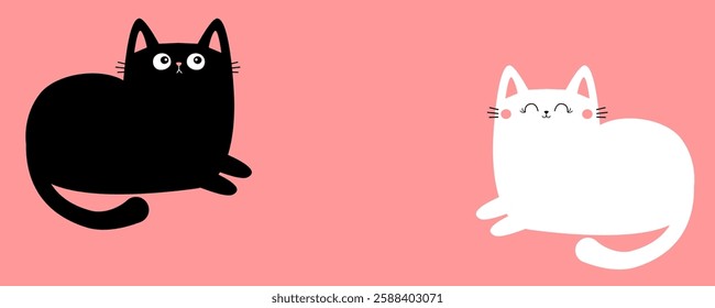 Black White laying cat boy girl. Line banner. Cute sad face head. Kitten love couple. Happy Valentines Day. Cartoon kitty character. Kawaii animal. Love card. Flat design. Pink background. Vector