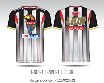Black and white layout e-sport t-shirt design. Template front, back view. E-sport team shirt mock up. Vector Illustration.