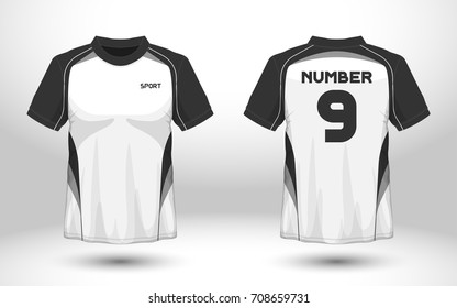 Black and white layout football sport t-shirt design. Template front, back view. Soccer kit national team shirt mock up. Vector Illustration.