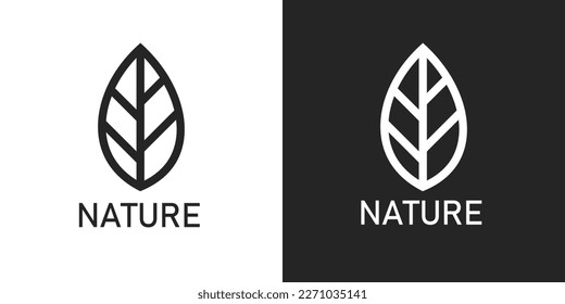 black and white leaf nature logo, icon. nature, natural, plant, leaf, leaves, autumn, growth, garden, gardening, park, decorative, decoration, sticker, clipart, logotype, flat, vector illustration