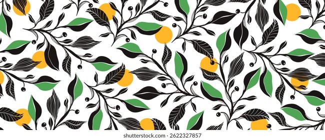 Black and White Leaf Pattern with Yellow Dots. Elegant botanical design with tree branches. Fresh foliage backdrop. Nature print design.