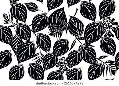 Black and white leafy botanical vector seamless pattern. Beautiful hand draawn leaves background. Repeat ornamental modern leaf fall backdrop. Endless texture. Isolated decorative design on white.