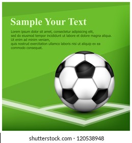 Black and white leather football (soccer) ball on corner of field and text, vector illustration