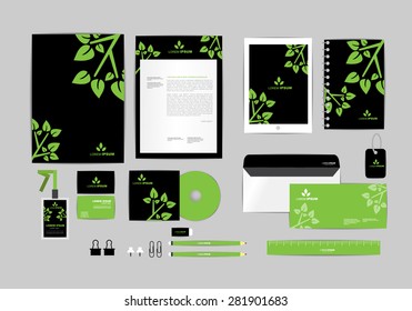 black and white with leaves corporate identity template for your business includes CD Cover, Business Card, folder, ruler, Envelope and Letter Head Designs