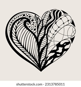 black and white leaves and curls, in the form of heart