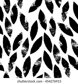 Black and white leaves grunge seamless pattern, vector background