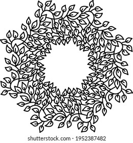 Black and white leaves pattern. Eco friendly sltyle wreath frame. Vector illustration with copyspace.