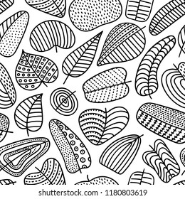 Black and white leaves seamless pattern. Cartoon children's print for textiles. Ornament in the style of doodle drawn by hand. Vector illustration.