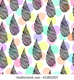 Black and white leaves seamless pattern on a polka dot background. Vector.