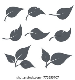 Black and white leaves shapes set isolated on white background. Collection of leaf design elements. Vector silhouettes nature symbols pack.