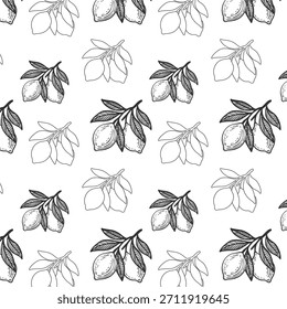 Black and White Lemon and Leaves Repeat Pattern for Textiles, Home Accessories, Stationery, and Stylish Product Packaging