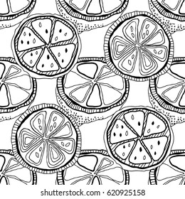 Black and white lemons for coloring books. Seamless pattern of citrus fruits.