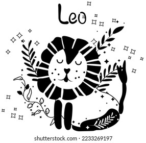 Black and white Leo astrological sign. Cute Zodiac sign with colorful leaves and stars around. Cute Leo perfect for posters, logo, cards. Vector illustration.