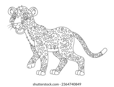 Black and white leopard cartoon character vector illustration. Coloring page of cartoon leopard