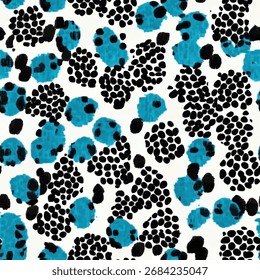 Black and white leopard print pattern with turquoise blue accents on a white background. Linen fabric print pattern, cotton, silk, vector illustration, doodle summer, kids and baby designs for print f