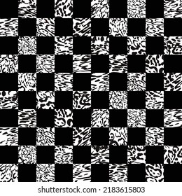 black and white leopard skin Seamless pattern on Checkered background