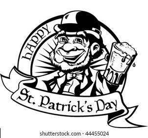 Black and white leprechaun with beer.