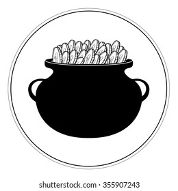 Black and white leprechaun's gold in cauldron