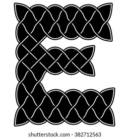 Black - white letter e is depicted as the ancient Celtic or Arab style. The letter e is made up of patterns and ornaments in the form of stitches and knots.