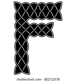 Black - white letter F drawn in ancient Celtic, Druidic or Arabic, oriental style. It consists of patterns, weaves, knots and ornament
