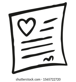 Black and white letter with a heart. Note with a declaration of love. Greeting card. Isolated hand drawing. Vector.