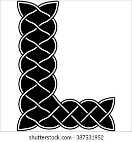 Black and white letter L is shown in the traditional style of the ancient Druids, Celts, Irish, Arabs, Vikings. Cover Letter L consists of interwoven patterns, decorations and knots.