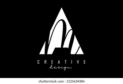 Black and white AM letter logo with a minimalist and negative space design. Abstract letters with geometric and handwritten typography. Creative Vector Illustration. 