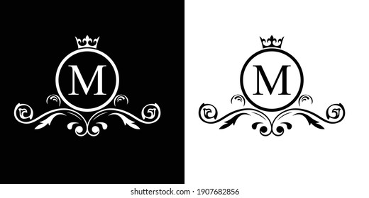 black and white  letter M logo Luxury letter with crown.  Monogram alphabet . Beautiful royal initials letter. template logo for design 
