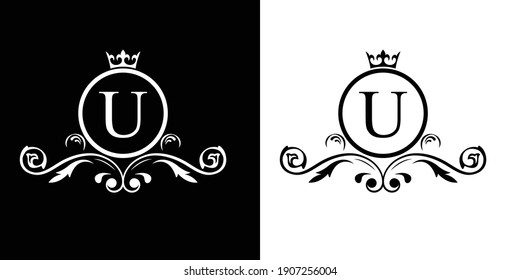 letra en blanco y negro logotipo U Letra de lujo con corona.  Alfabeto monograma . Hermosa carta de iniciales reales. logotipo de plantilla para diseño 
