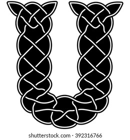 Black and white letter U  is written in the ancient traditional style of the Celts, Druids, Arabs, Vikings. letters Style designed in old medieval traditions and contains patterns, knots and weave .

