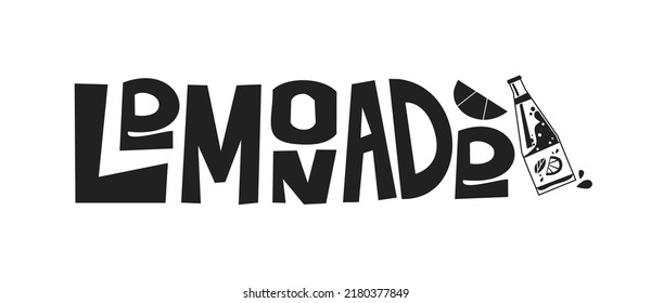 Black and white lettering Lemonade with a bottle and a slice of lemon. Print for printing on fabric and paper.