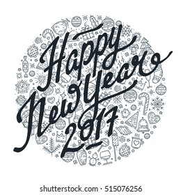 Black and white lettering on different icons background. Happy New Year lettering for greeting card with new year elements in circle. Winter holiday postcard hand drawn text. Vector illustration.