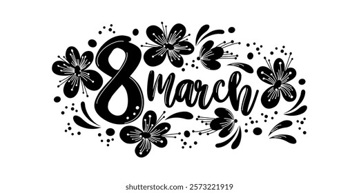 black and white lettering on March 8th with flowers in horizontal format. flat drawing. stock vector illustration. EPS 10.