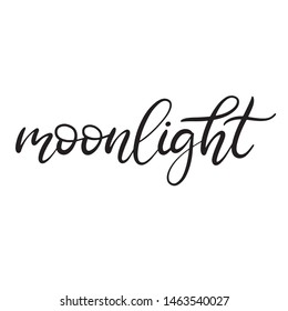 Black and white lettering vector illustration with calligraphy style word moonlight. Handwritten text for fabric print, logo, poster, card. EPS10