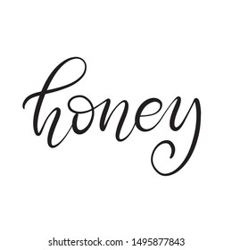 Black and white lettering vector illustration with calligraphy style word honey. Handwritten text for fabric print, logo, poster, card. EPS10