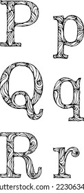 black and white letters P Q R with curly pattern