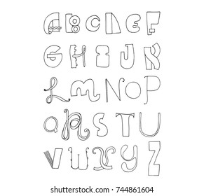 Black and white letters sequence from A to Z. Bright english font in hand drawn doodle freehand and various shape style