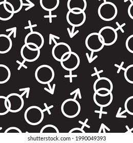 Patrón transparente LGBT blanco y negro de símbolos masculinos y femeninos. Iconos de Marte y Venus. Orientación sexual de los vectores y género 