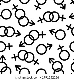 Patrón transparente LGBT blanco y negro de símbolos masculinos y femeninos. Iconos de Marte y Venus. Orientación sexual de los vectores y género 