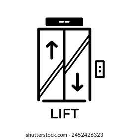 Black and white lift elevator sign banner icon illustration isolated on square white background. Simple flat poster graphic design for prints.
