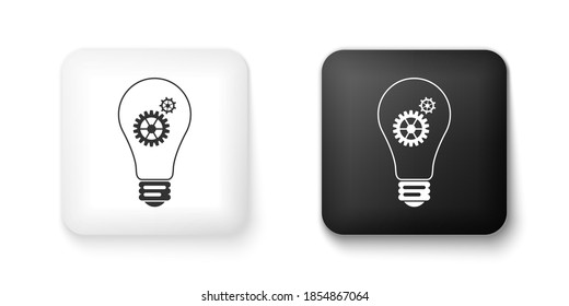 Bombilla y engranajes blancos y negros en el interior del icono aislados sobre fondo blanco. Concepto de innovación. Botón cuadrado. Vector.