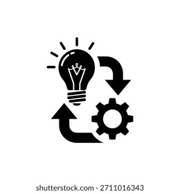 Black and white light bulb and gear connected by arrows icon