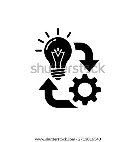Black and white light bulb and gear connected by arrows icon