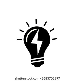 Black and white light bulb icon with lightning bolt inside. Minimalist vector design symbolizing energy, idea, creativity, innovation, and inspiration for simple graphic use